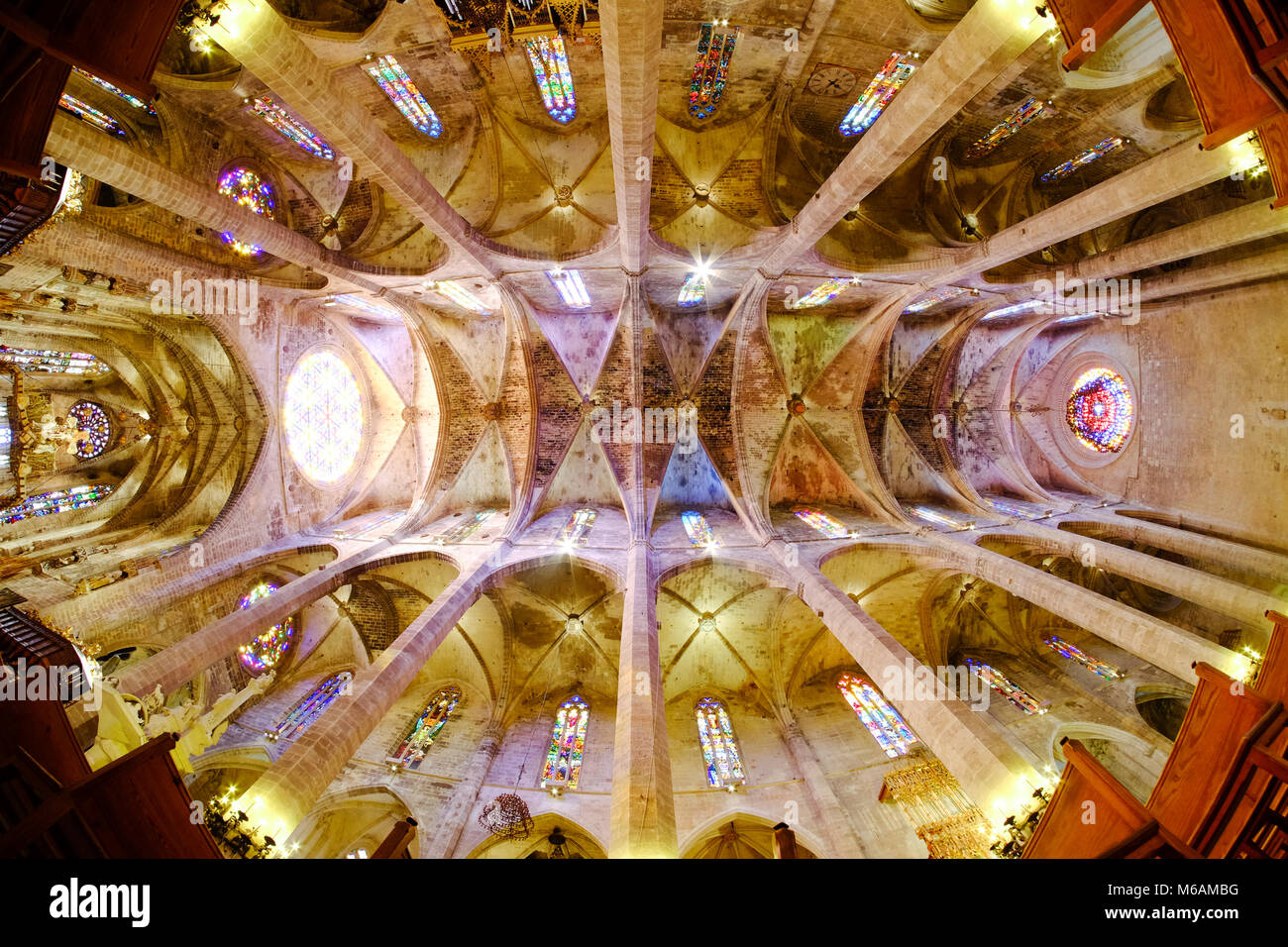 La Seu, die berühmten Katholischen mittelalterlichen Kathedrale in Palma de Mallorca, Innenansicht mit Fish-eye objektiv Wirkung. Stockfoto
