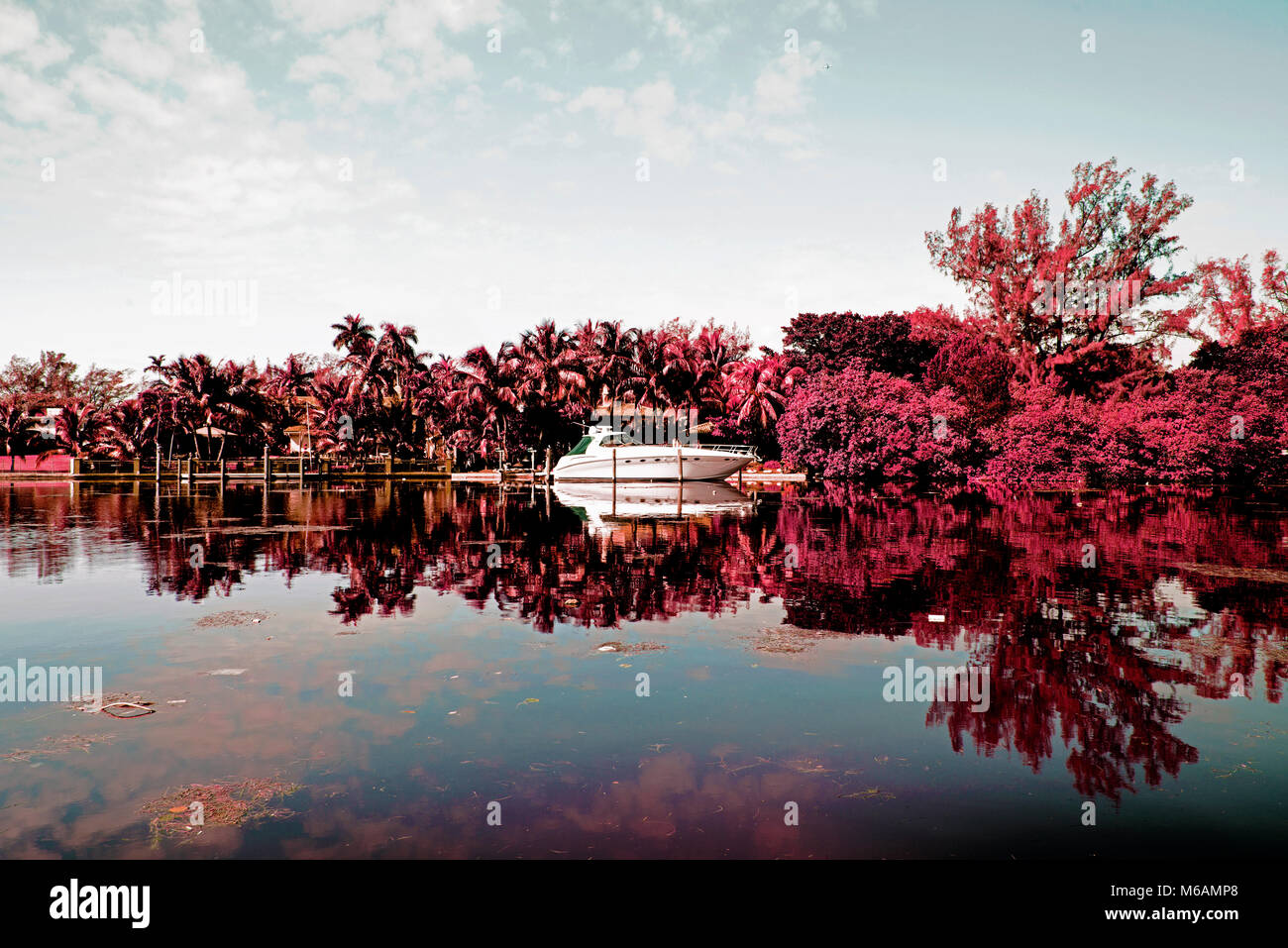 Infrarotfotographie eines Flusses und ein Motorboot und Landschaft in Miami Beach, Florida, USA Stockfoto