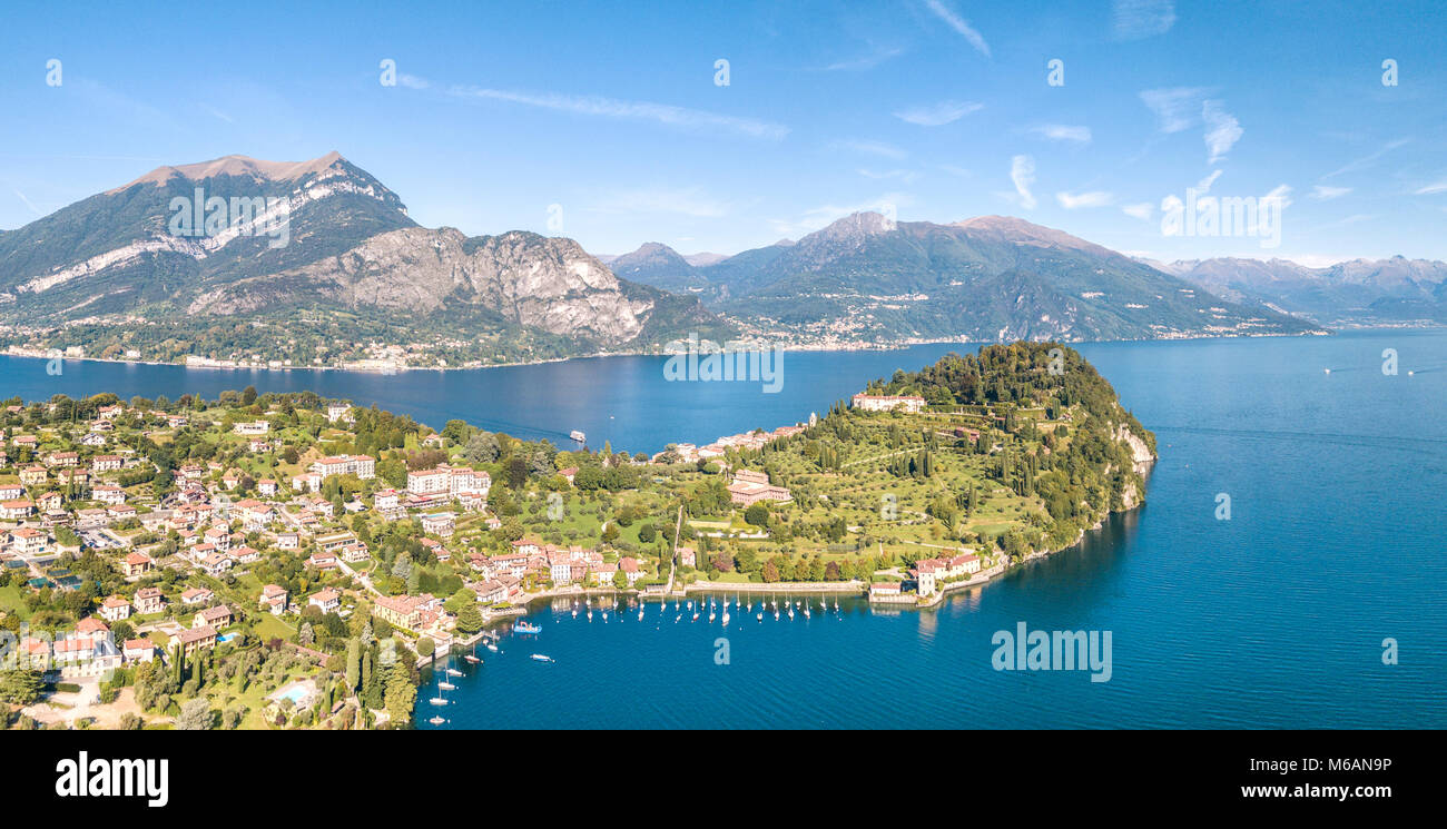 Panoramablick Luftaufnahme des Dorfes Pescallo und dem Comer See, Bellagio, Provinz Como, Lombardei, Italien Stockfoto