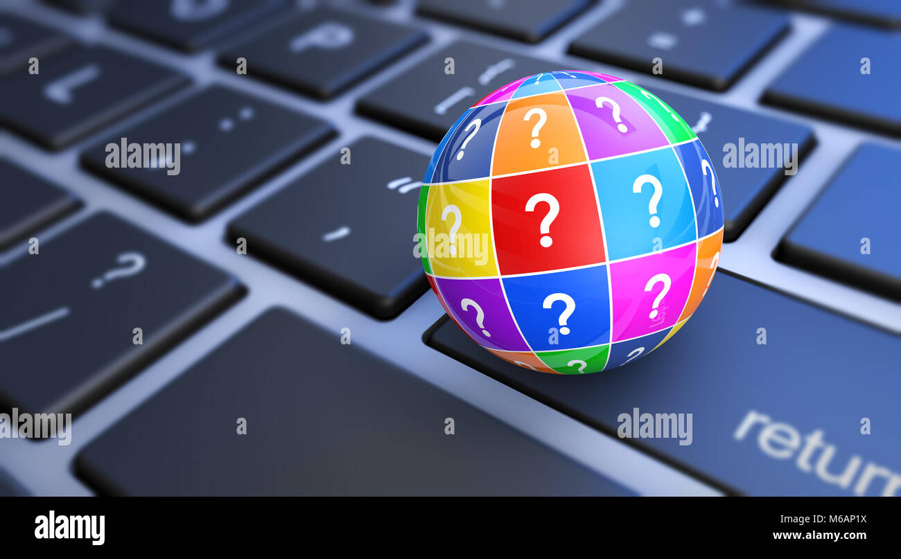 Web und Internet IT Kunden fragen Konzept mit einer PC-Tastatur und bunten Fragezeichen Zeichen auf einem Globus 3D-Illustration unterstützen. Stockfoto