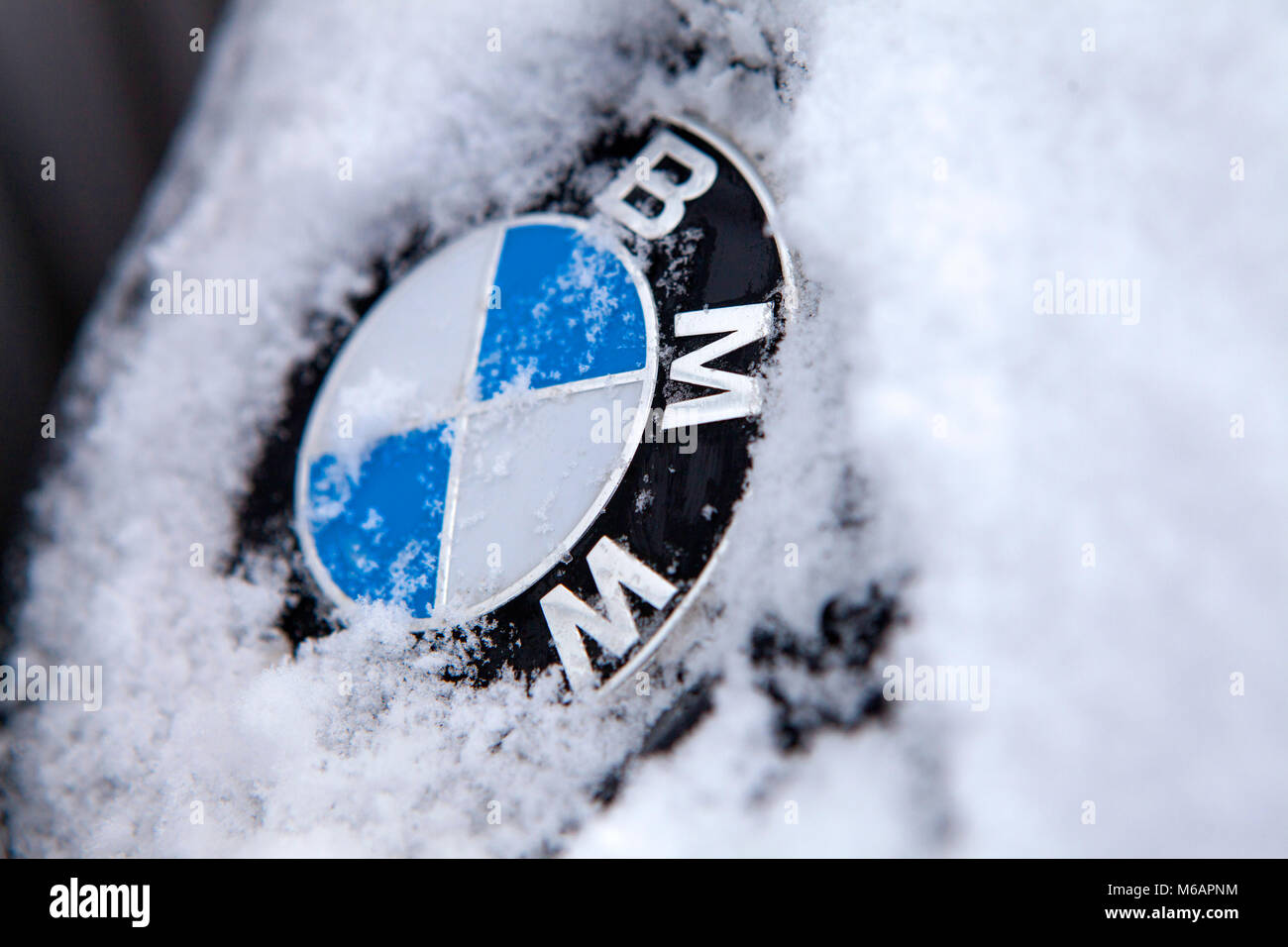 Schnee und Eis in der Nähe bis Detail eines Schwarzen F83 BMW M4 Cabrio Abzeichen Stockfoto