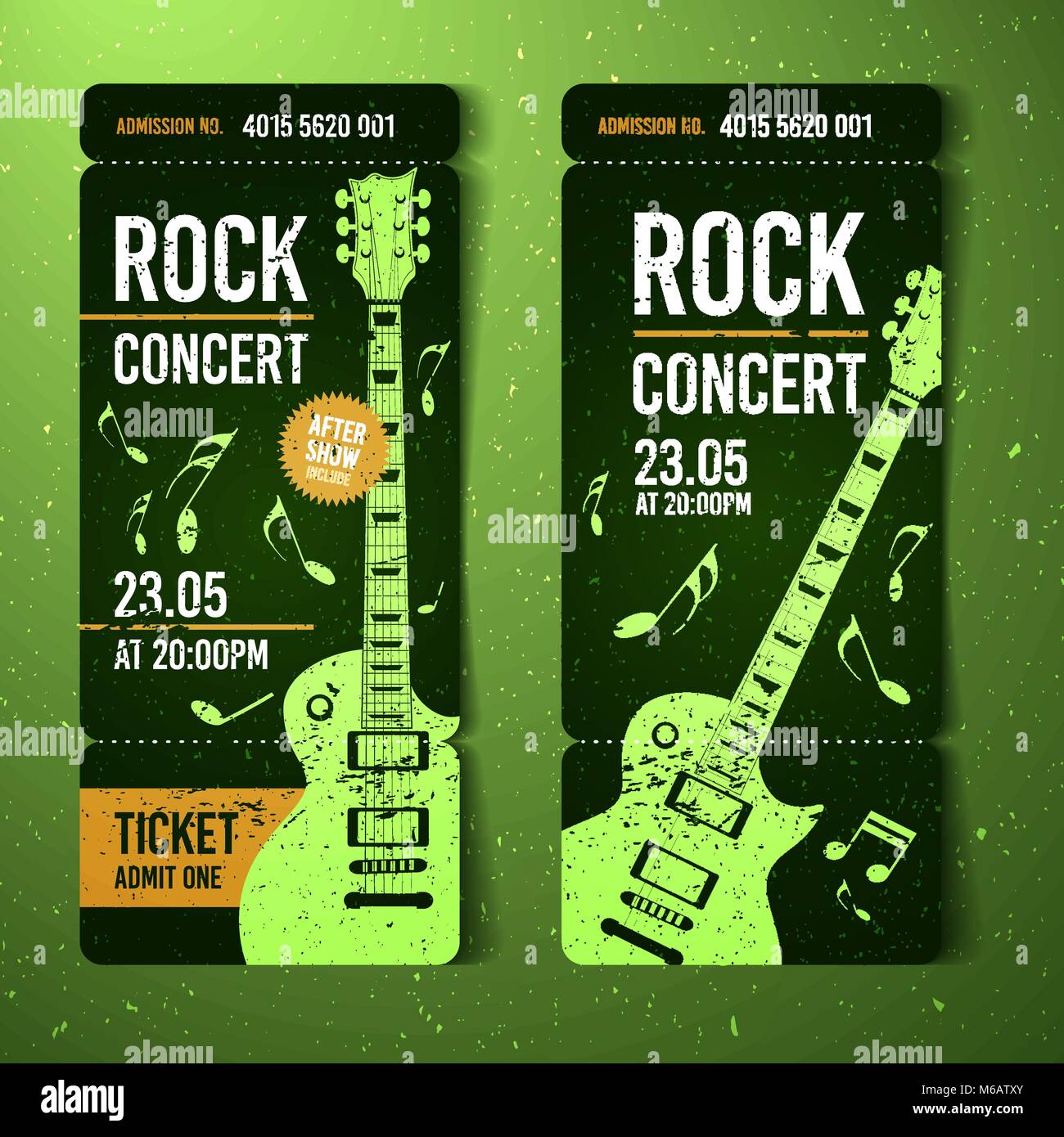 Vector Illustration Green Rock Konzert ticket Design Template mit Gitarre und kühlen splash Effekte im Hintergrund Stock Vektor