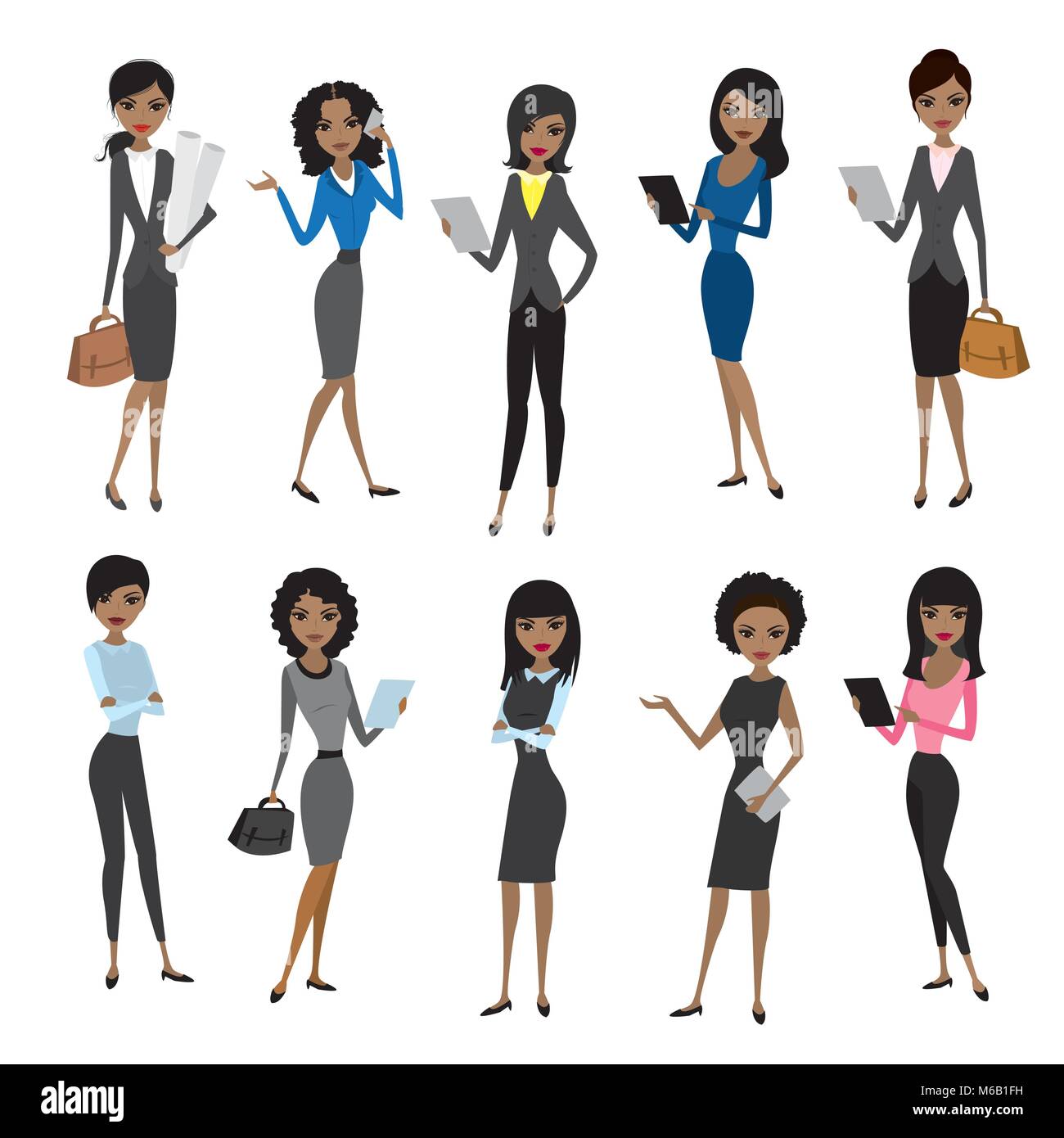 Set african american Business Lady. Schöne Frau in Business Kleidung auf weißem Hintergrund. Cartoon Vektor illustration Stock Vektor