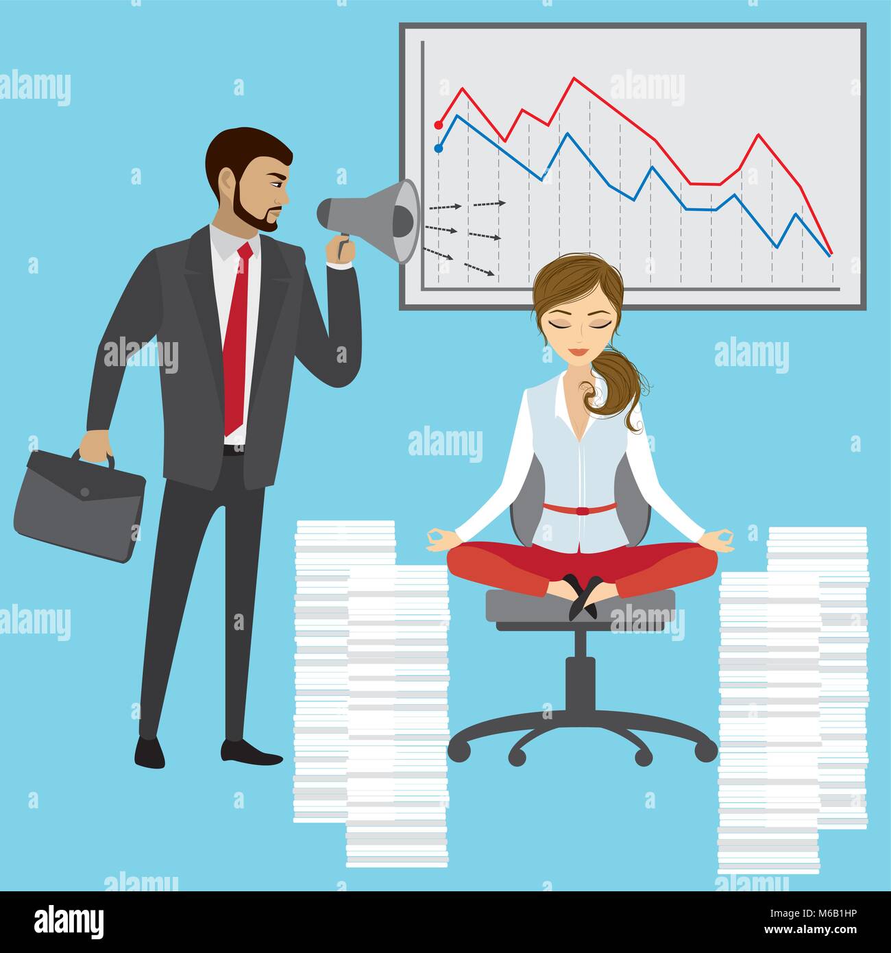 Boss mit Megafon auf die Frau Manager oder Büroangestellter, Business stress Konzept, Vector Illustration schreien Stock Vektor