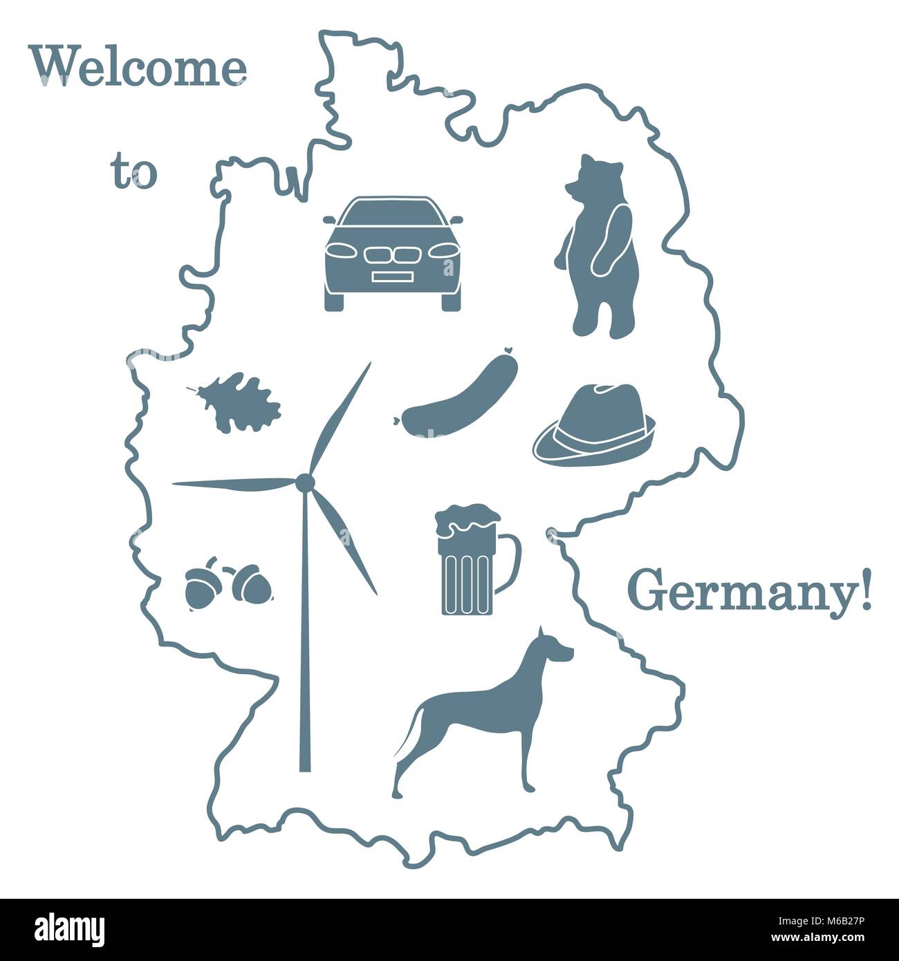 Vector Illustration mit verschiedenen Symbolen in Deutschland. Reisen und Freizeit. Design für Banner, Poster oder Drucken. Stock Vektor