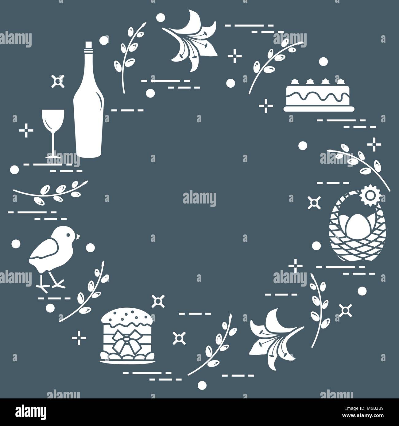 Verschiedene Ostern Symbole angeordnet in einem Kreis: simnel Cake, Küken, Lily, Körbe, Eier und andere. Design für Banner, Poster oder Drucken. Stock Vektor