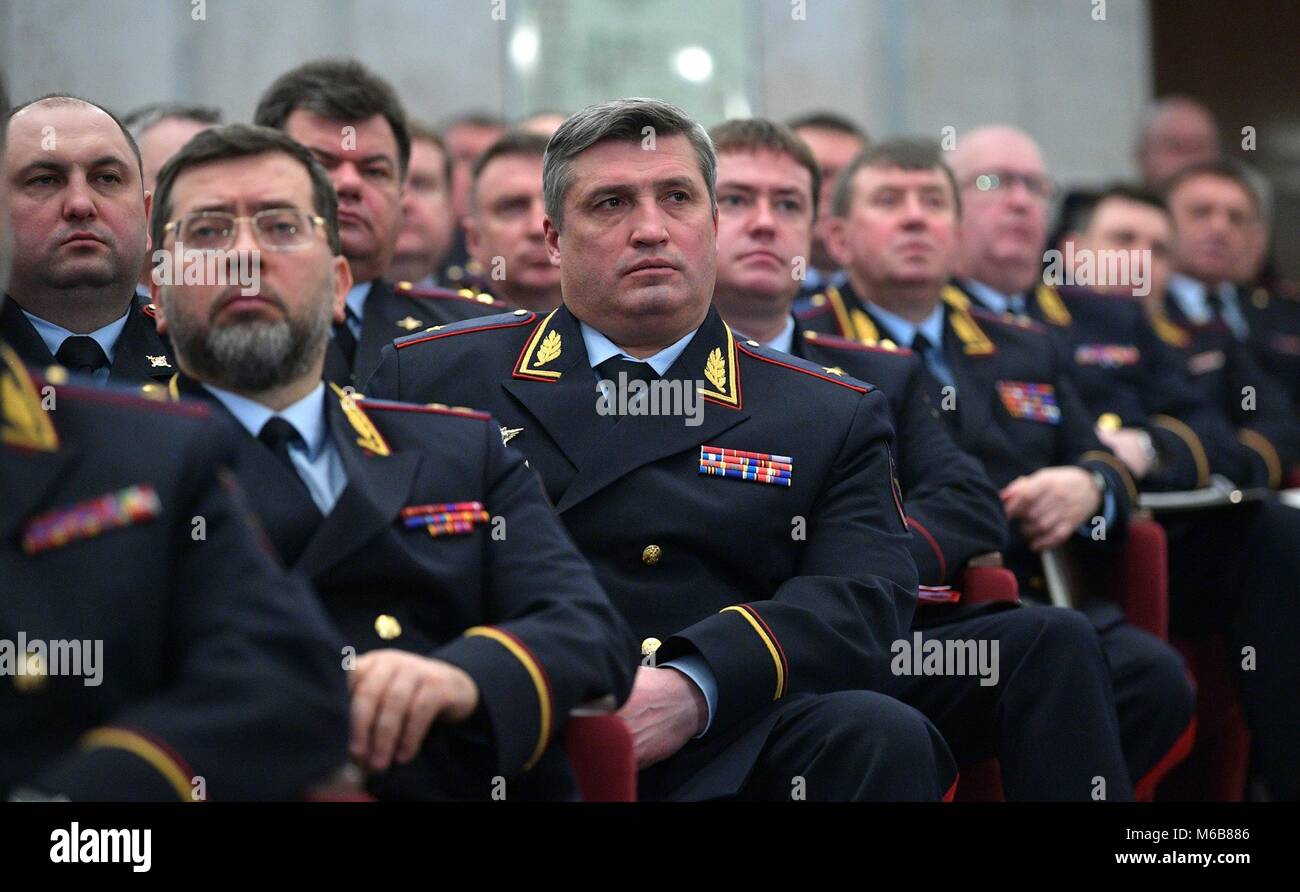 Mitglieder des russischen Innenministeriums während einer erweiterten Sitzung des Innenministeriums Vorstand Februar 28, 2018 in Moskau, Russland. Stockfoto