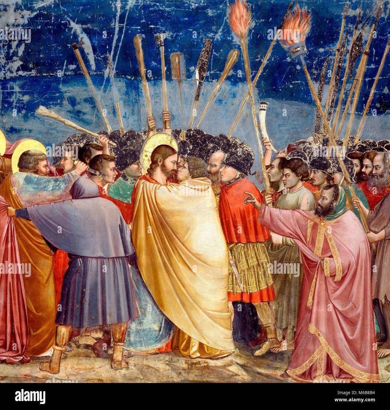 Kuß des Judas - Die Jünger auf dem linken, die Wunden der Soldat mit seinem Messer, ist St. Peter. Giotto di Bondone, ca. 1305 Stockfoto