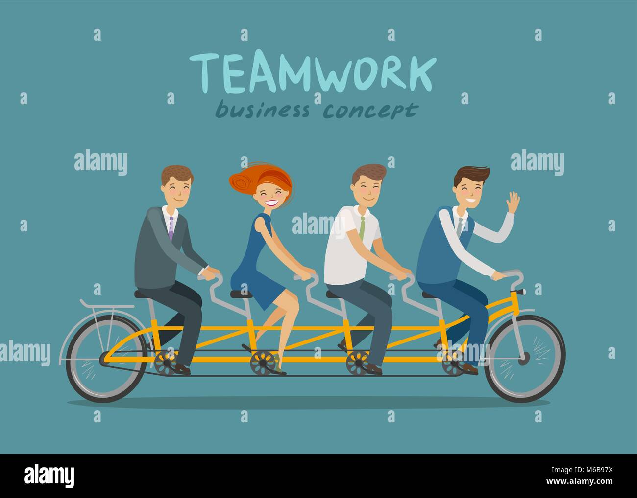 Teamarbeit, Unternehmenskonzept. Geschäftsleute, Schüler oder Studenten, Tandem Bike. Cartoon Vector Illustration Stock Vektor