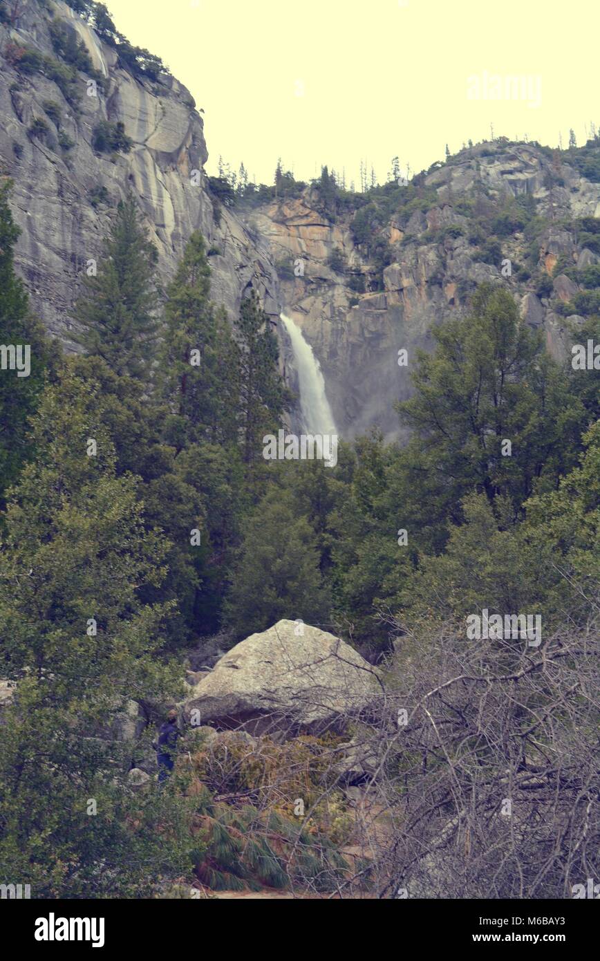 Wunderschöner Wasserfall im Yosemite Nationalpark- Bäume und die Landschaft von Kalifornien Vereinigte Staaten im April Stockfoto