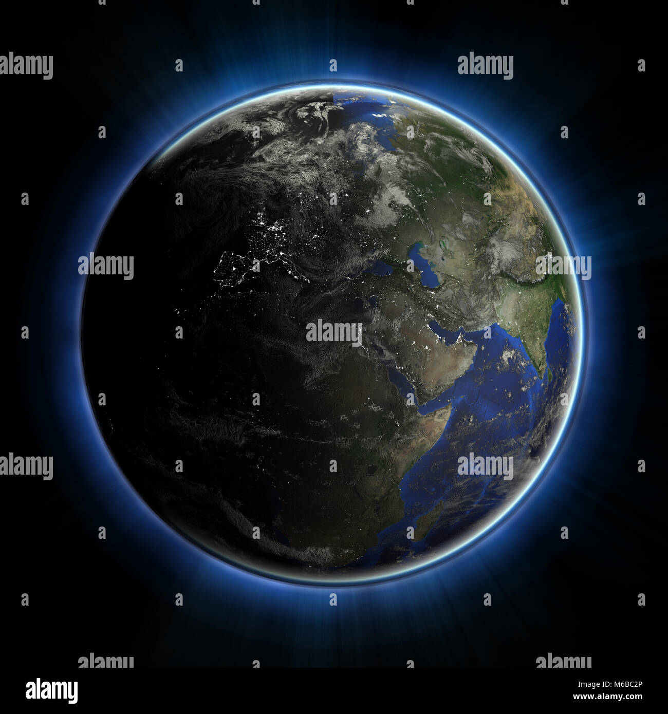 Planet Erde bei Nacht 3D-Rendering Stockfoto