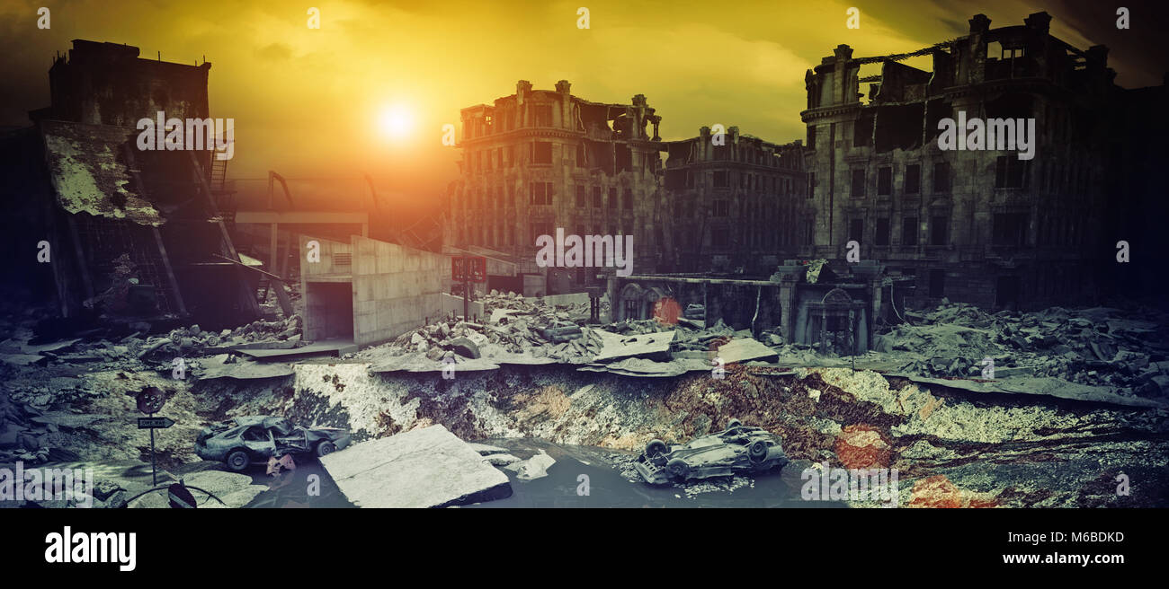 Apokalyptische Stadt Sonnenuntergang. Kreative 3D-Darstellung Stockfoto