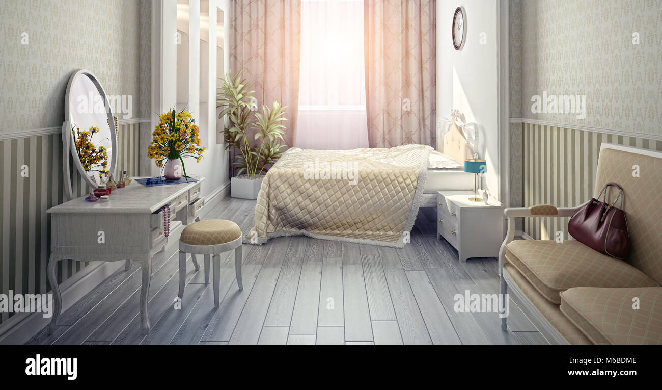 moderner Luxus Schlafzimmer Innenraum (3D-Rendering) Stockfoto