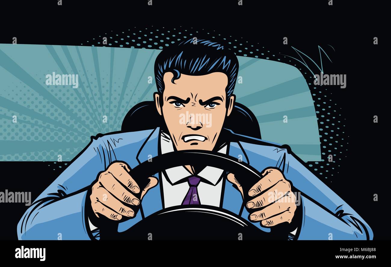 Aggressive Fahrer hinter dem Lenkrad des Autos. Rasse, Verfolgung in der Pop Art retro Comic Stil. Cartoon Vector Illustration Stock Vektor