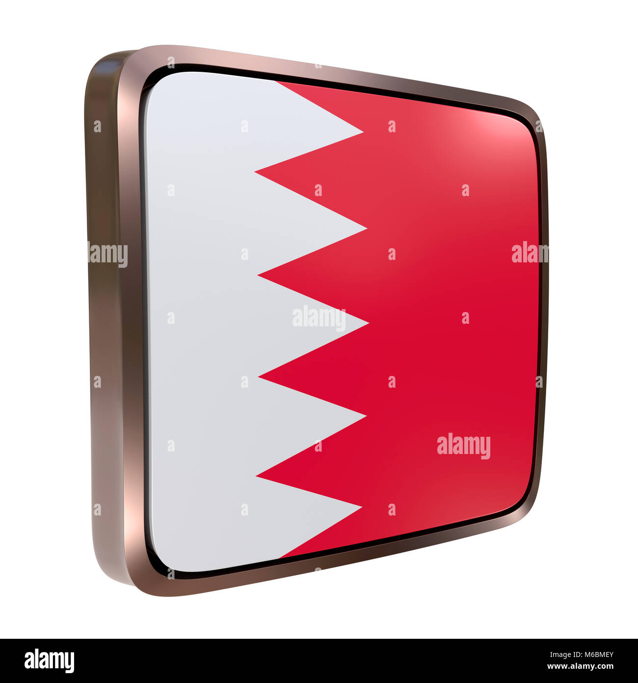 3D-Rendering für eine Bahrain Flagge Symbol mit einem metallischen Rahmen. Auf weissem Hintergrund. Stockfoto