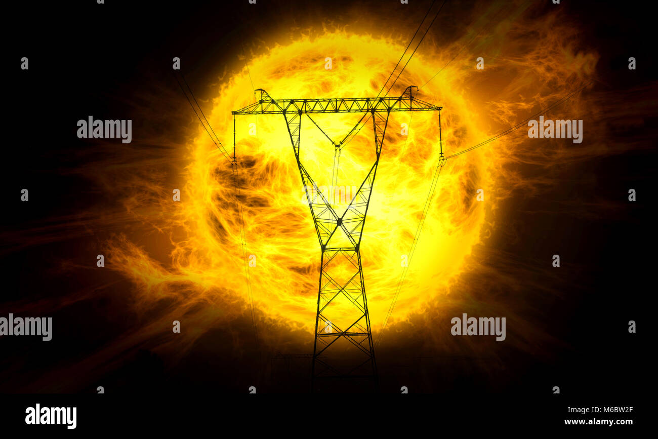Konzept Abbildung von Energie aus der Sonne. Electric Power Tower auf Big Sun und Flammen im Hintergrund. Stockfoto