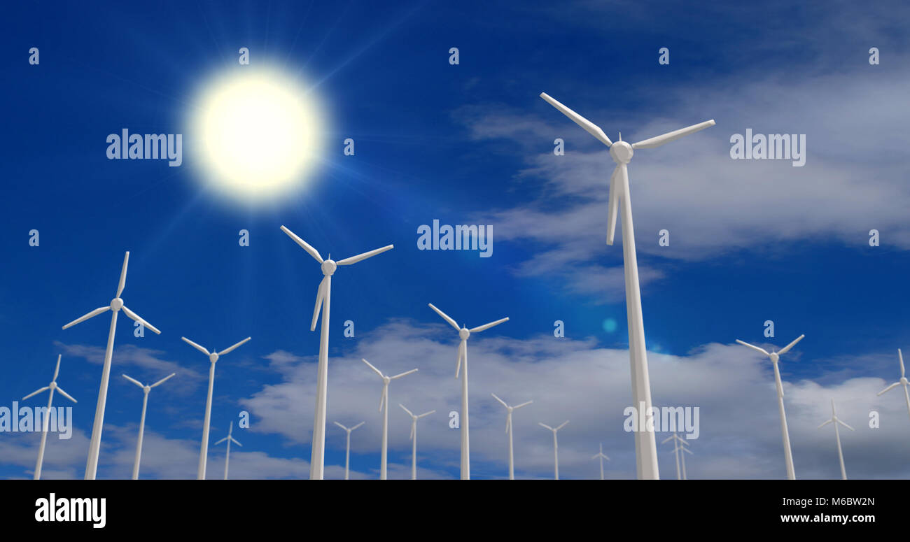 Weiß Windenergieanlagen Bauernhof auf bewölkten Himmel. Umweltschutz Naturschutz Konzept mit Windmühlen Farm. Stockfoto
