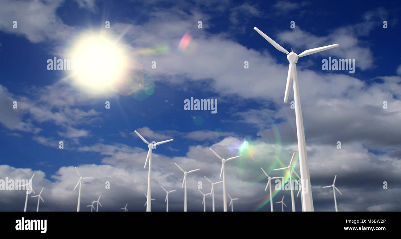 Weiß Windenergieanlagen Bauernhof auf bewölkten Himmel. Umweltschutz Konzept mit Windmühlen Farm. Stockfoto