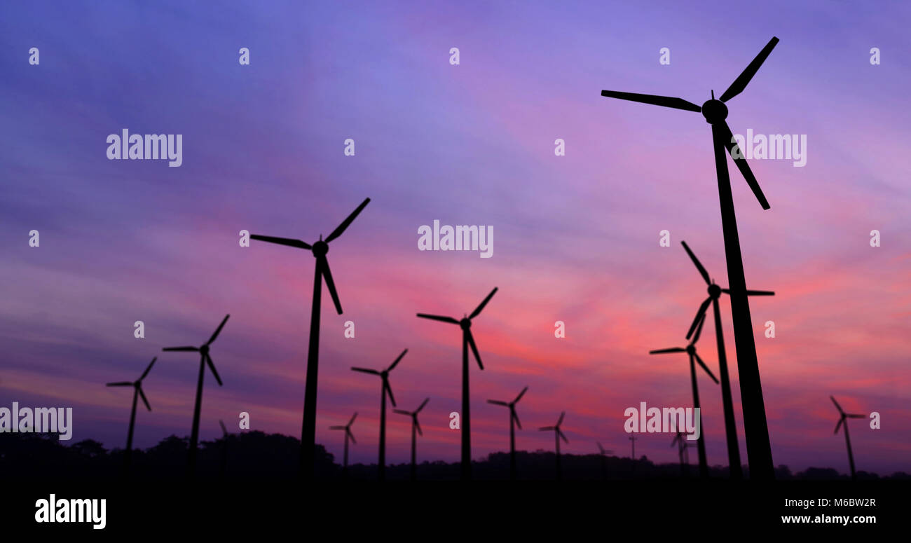 Windenergieanlagen Silhouette auf dramatische Himmel Hintergrund. Energie Windmühlen Bauernhof im Konzept der ökologischen Strom. Stockfoto