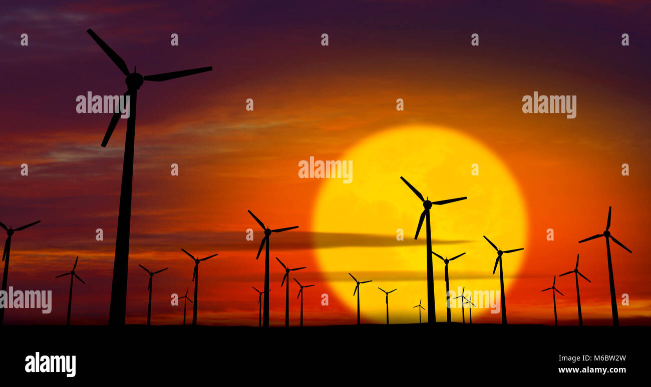Energie Windmühlen Silhouette am Sonnenuntergang Hintergrund. Konzept der ökologischen Leistung. Stockfoto