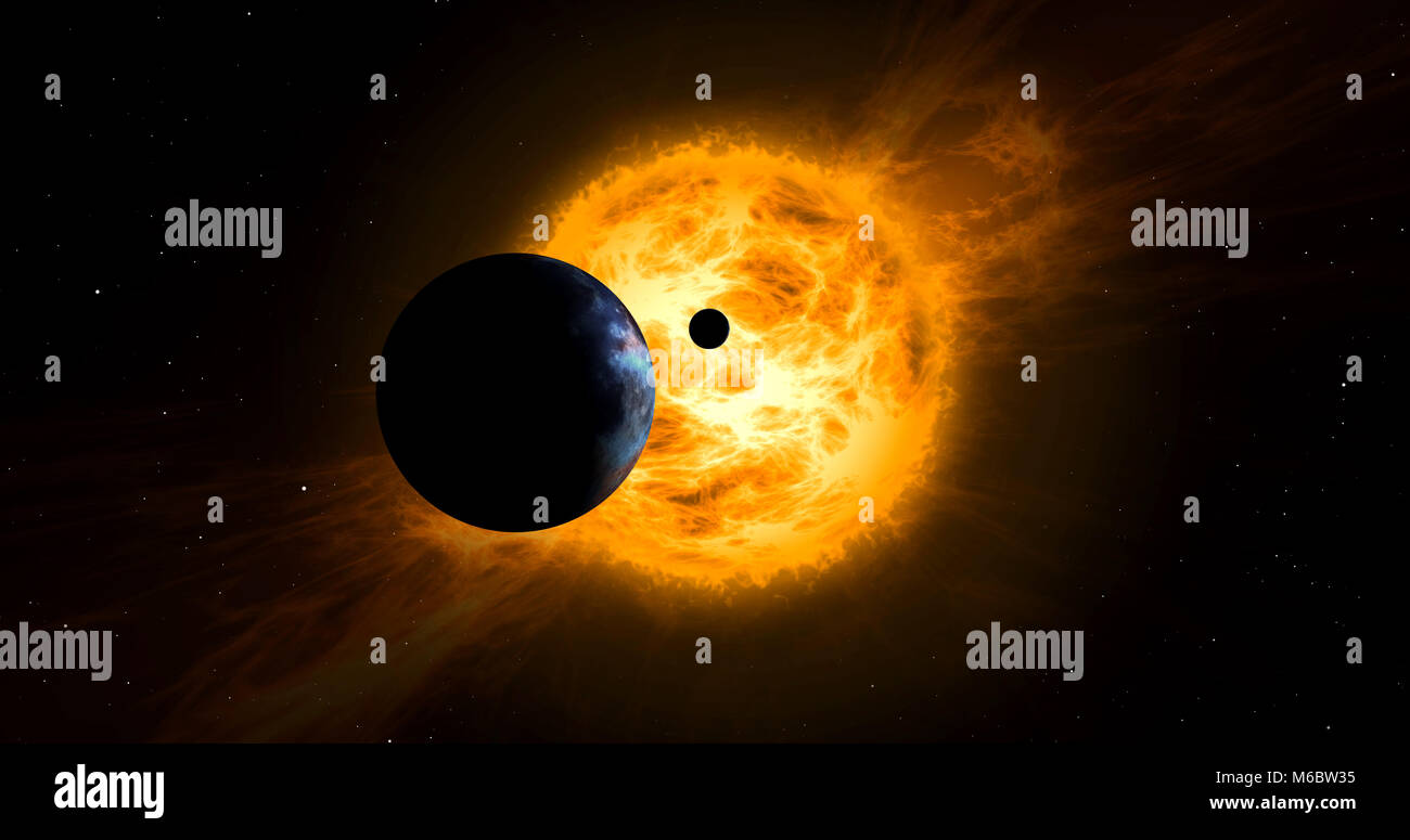 Solar Storm und Eclipse im Raum. Konzept der Sonne mit Wolken und Planeten Transit. Stockfoto