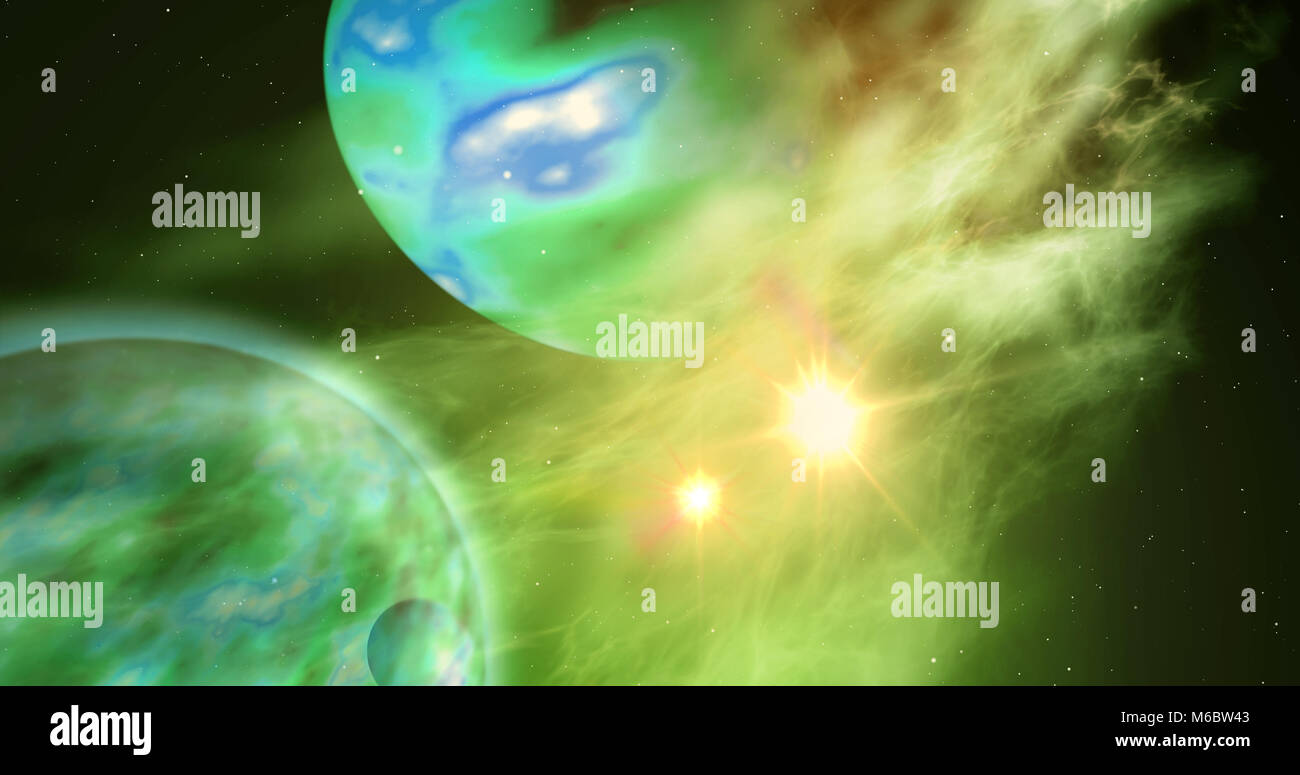 Exoplaneten in einem fernen Sonnensystem mit Nebel Wolken im Hintergrund. Abstrakte Konzept der Weltraum Planeten Exploration. Stockfoto
