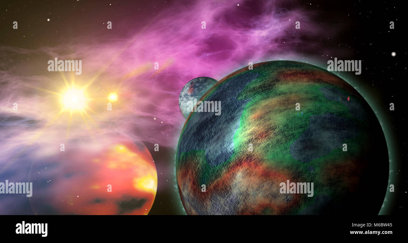 Exoplaneten in einem fernen Sonnensystem mit Nebel Wolken im Hintergrund. Abstrakte Konzept der Weltraum Planeten Exploration. Stockfoto