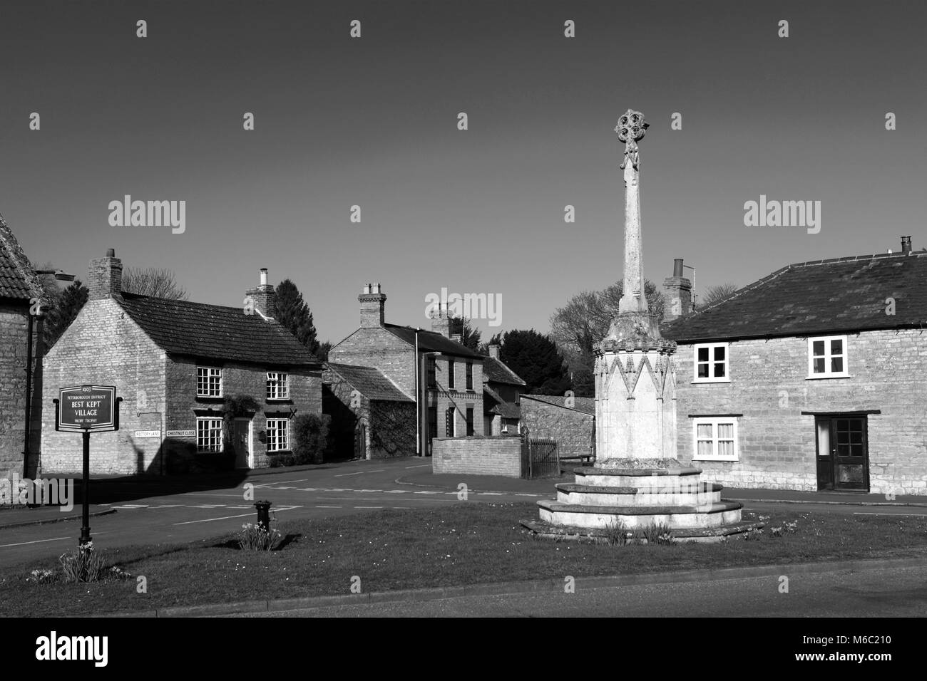 Feder Daffs und der Markt auf dem Dorfplatz; Peakirk Dorf; Cambridgeshire, England, Großbritannien Stockfoto