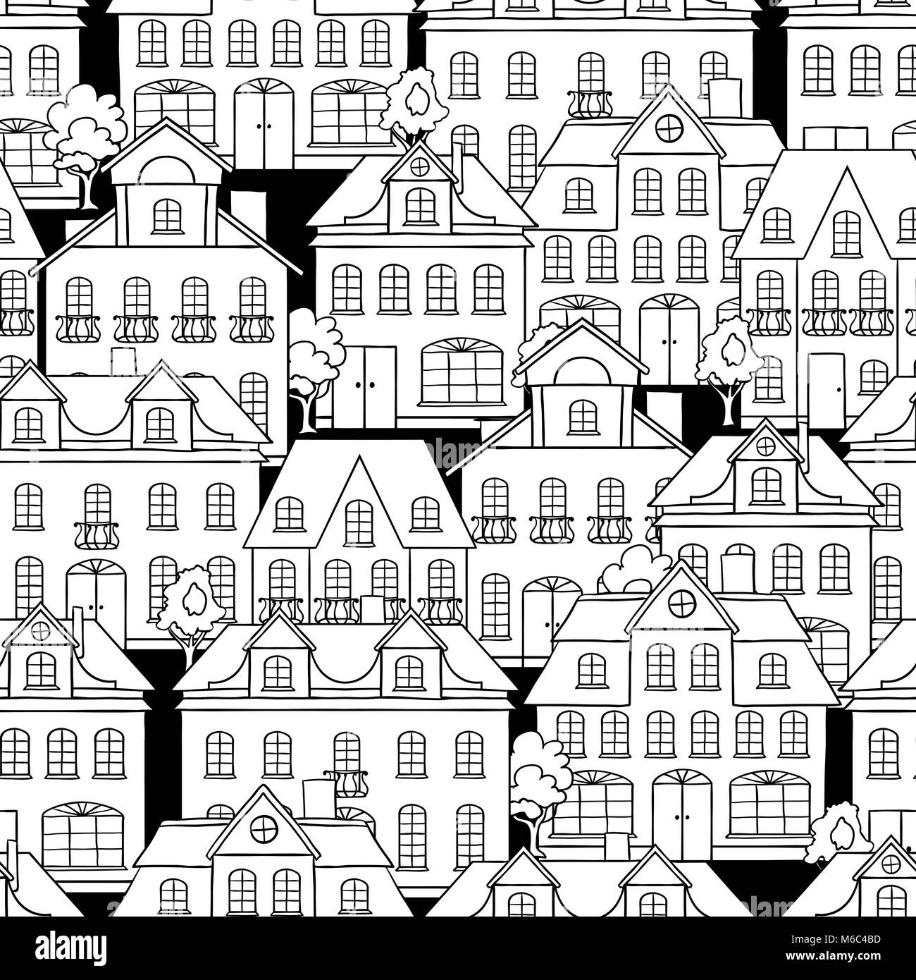 Die nahtlose Vektor Muster mit Häuser und Bäume Stock Vektor