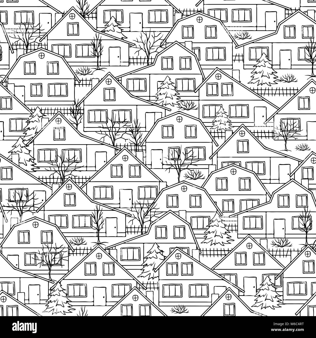 Die nahtlose Vektor Muster mit Häuser und Bäume Stock Vektor