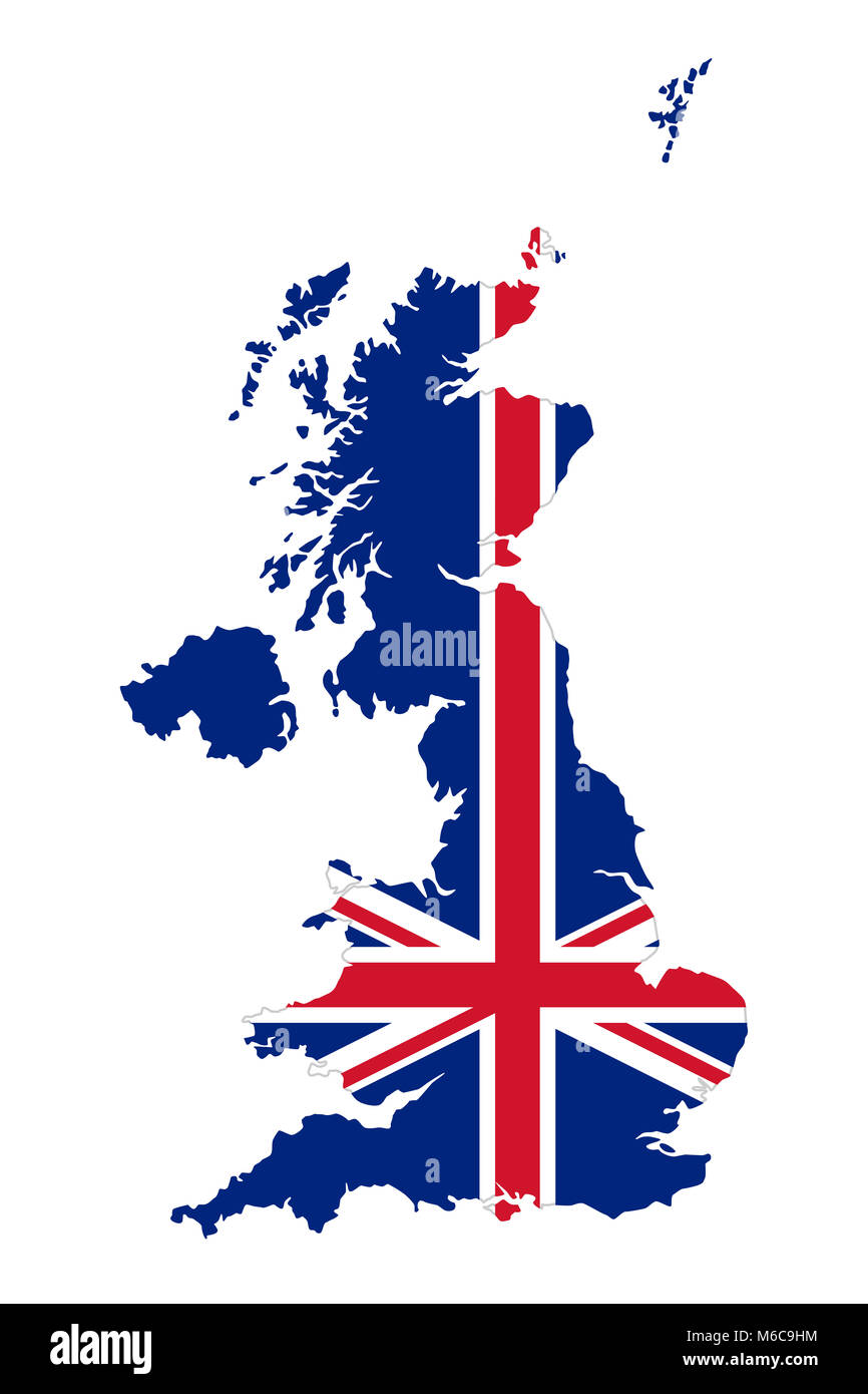 Union Jack in der Gliederung des Vereinigten Königreichs. Flagge in roten, blauen und weißen Farben. Royal Union Flag mit der Form des Landes mit der Britischen Inseln. Stockfoto