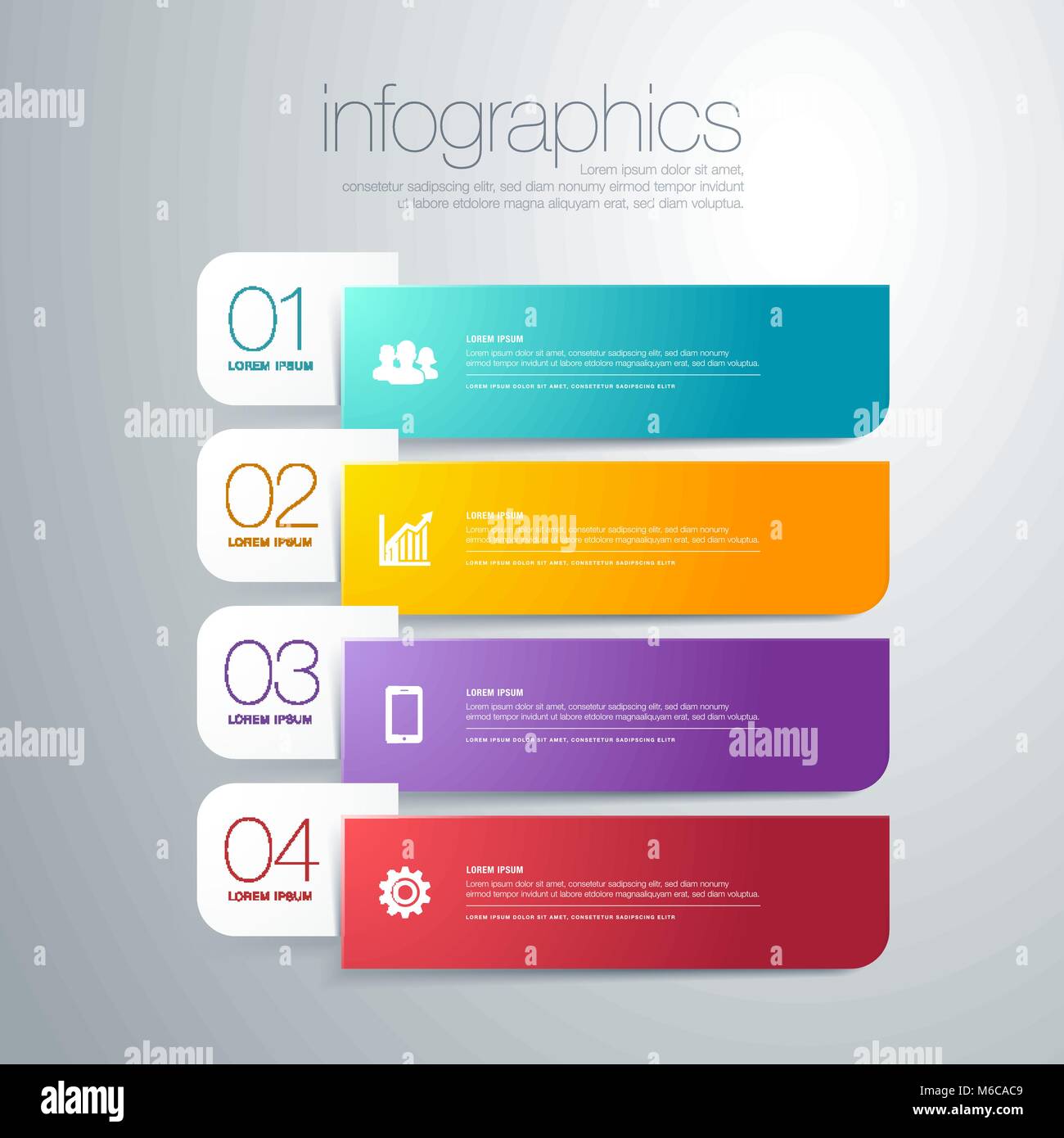 Vector Illustration modernen Infografik Diagramm mit Bars in verschiedenen Farben, Text und Symbole. Perfekt für Präsentation, Web und Diagramme Stock Vektor
