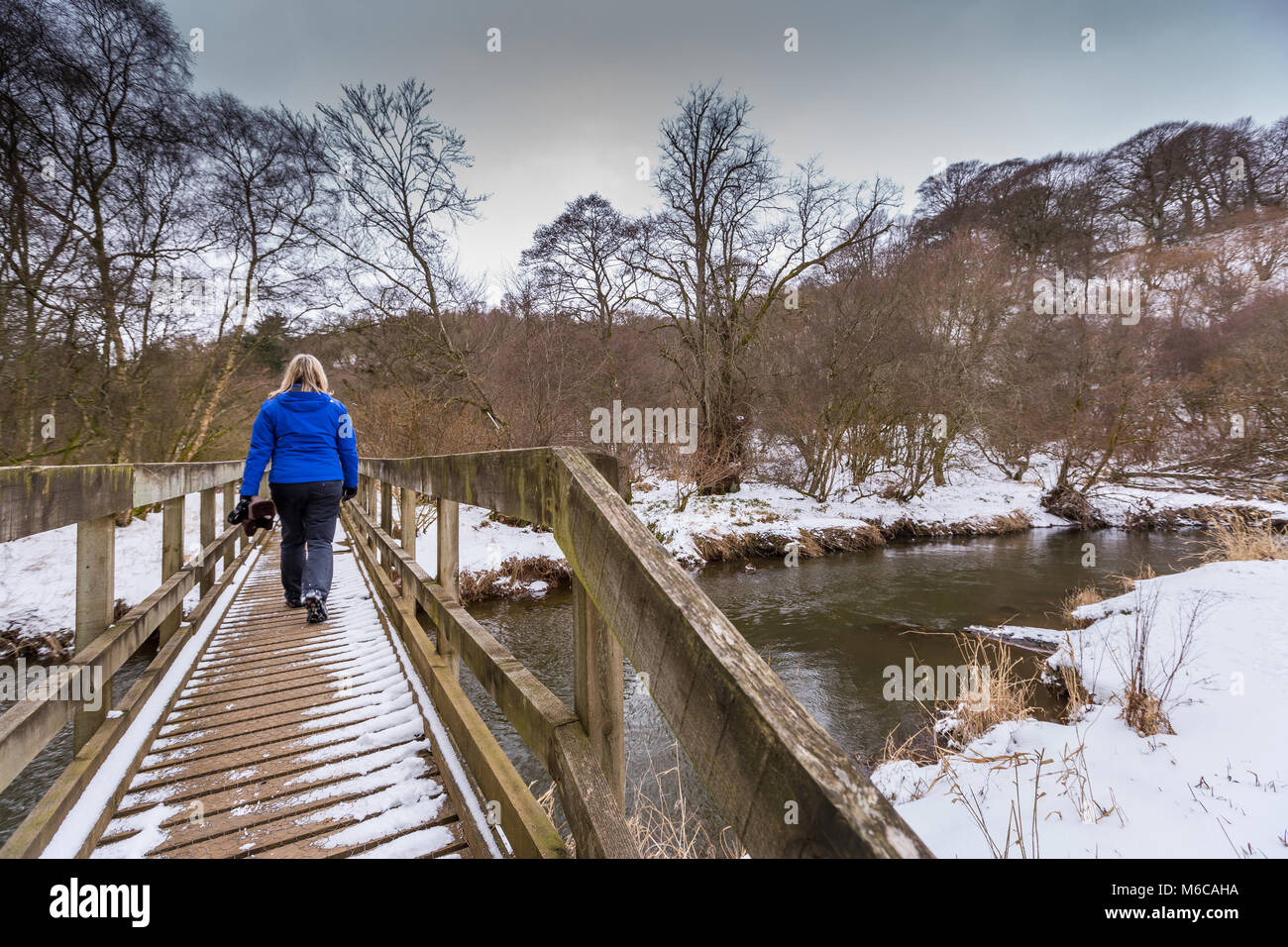 Walker auf der Fußgängerbrücke über den Fluss Ythan an braes von Gight Methlick, Holz in der Nähe von Aberdeenshire, Schottland Stockfoto