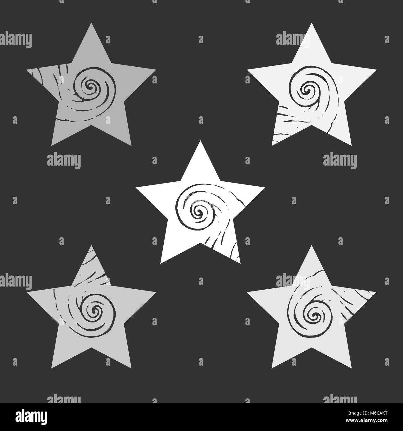 Eine Reihe von Sternen mit einem Curling Element. Grau Mehrfarbige Licht und Dunkel Formen mit einem Muster. Vektor Bild. Die Zahlen sind auf einem dunkelgrauen Hintergrund entfernt. Stock Vektor