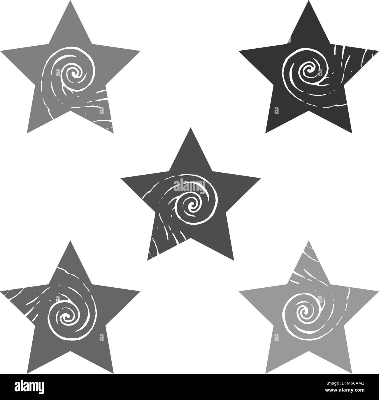 Eine Reihe von Sternen mit einem Curling Element. Grau Mehrfarbige Licht und Dunkel Formen mit einem Muster. Vektor Bild. Die Zahlen sind auf weißem Hintergrund angeordnet. Stock Vektor