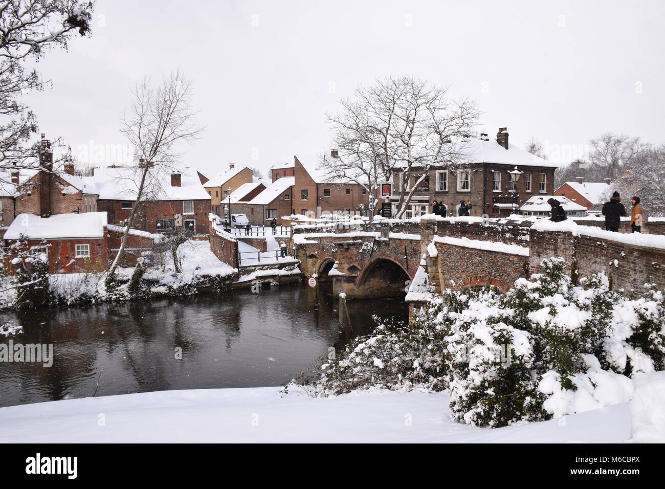 Schnee, Bishop's Bridge, Norwich Feb 2018 UK Stockfoto