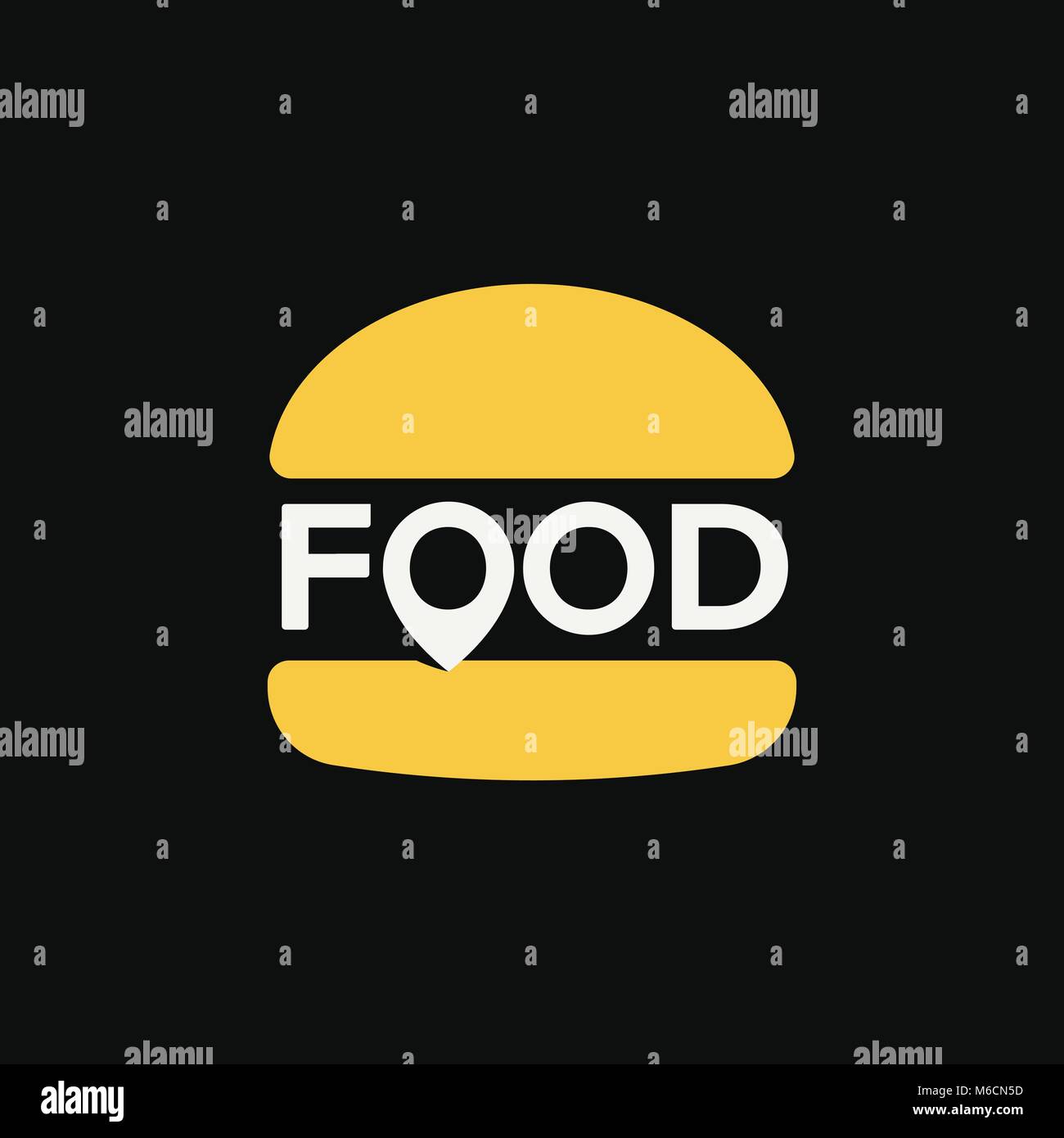 Fast food Standort logo, minimale stilisierte burger Symbol, abstrakte Pin anmelden, Vector Illustration auf schwarzen Hintergrund. Stock Vektor