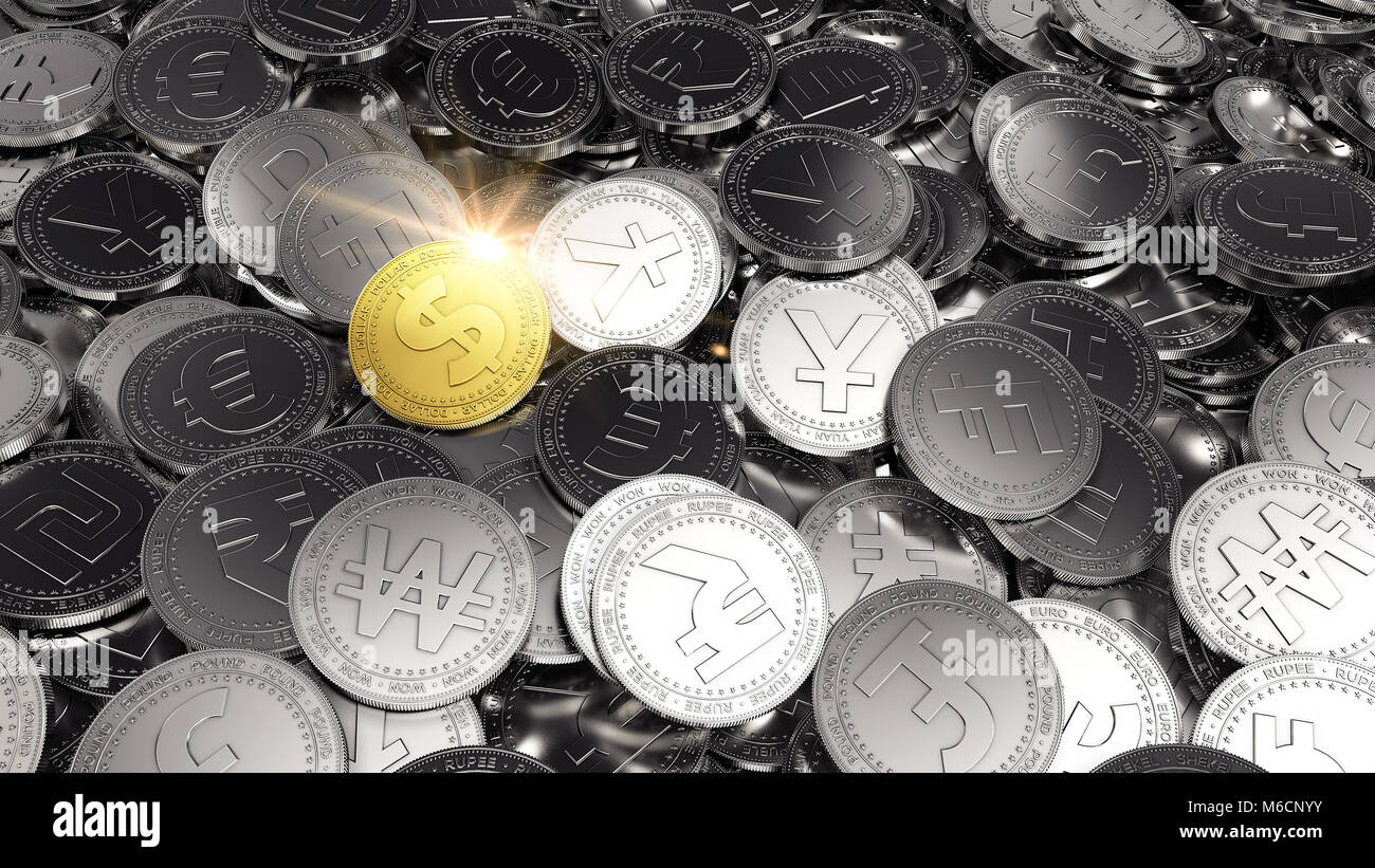 Große Stapel von verschiedenen Münzen mit einem Dollar Münze als nur goldene Medaille. 3D-Rendering Stockfoto