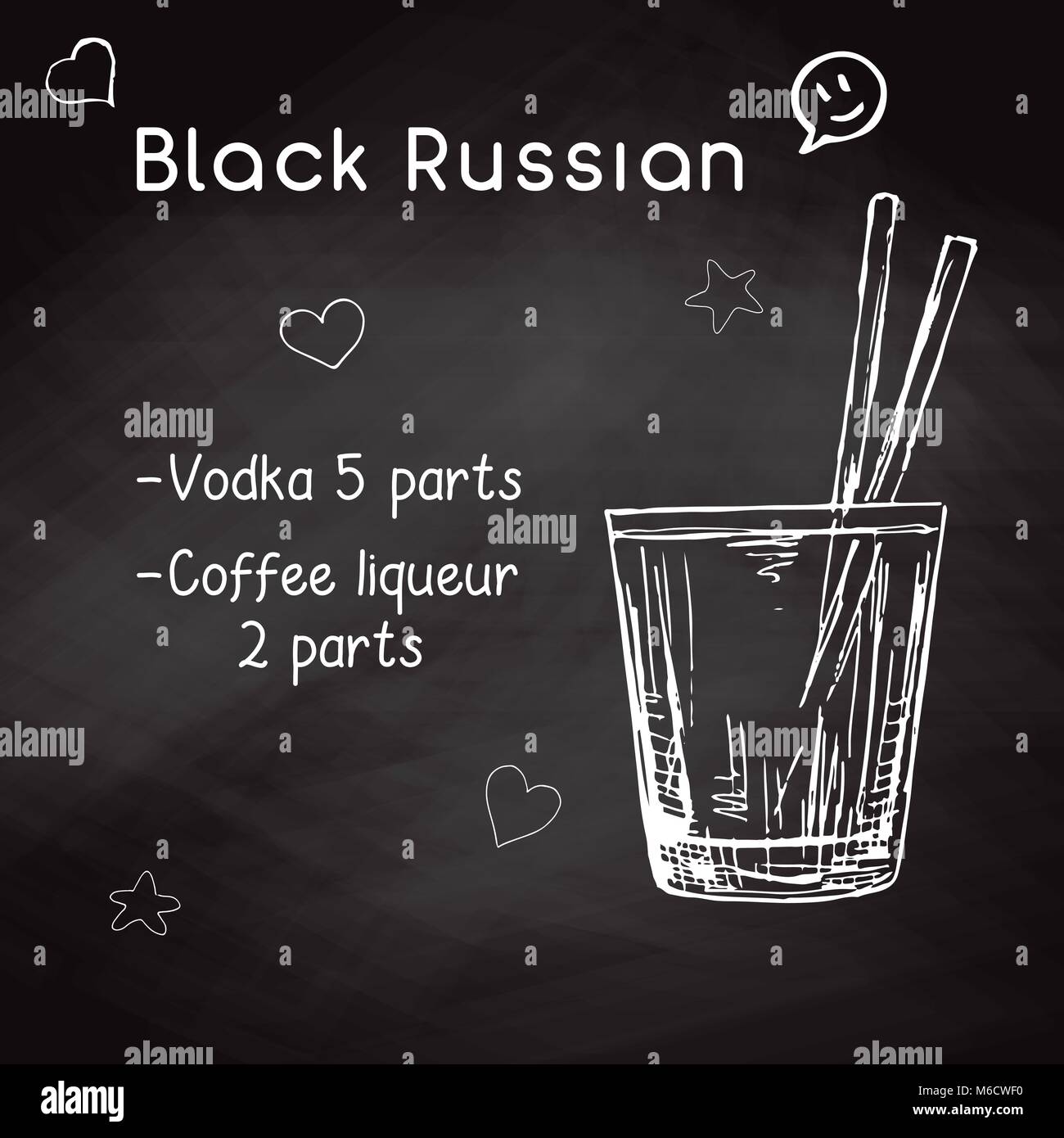 Einfaches Rezept für einen alkoholfreien Cocktail Black Russian. Zeichnung Kreide auf einer Tafel. Vector Illustration einer Skizze Stil. Stock Vektor