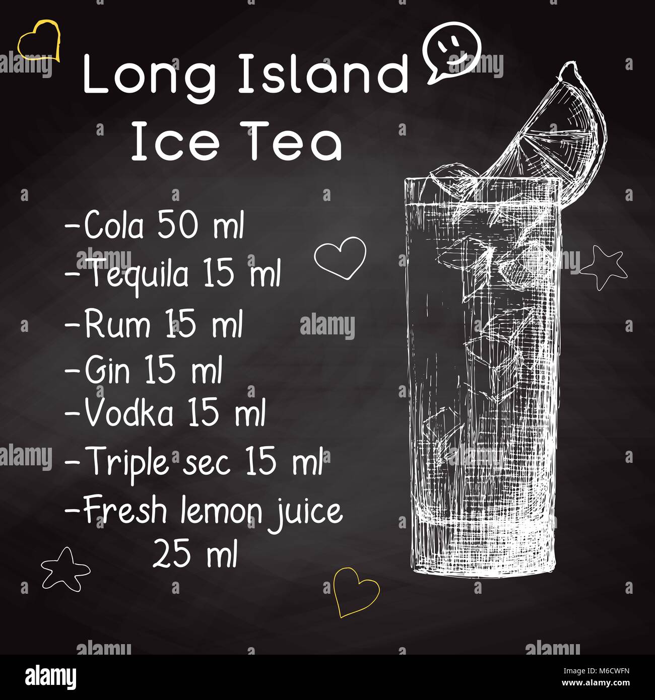 Einfaches Rezept für einen alkoholfreien Cocktail Long Island Ice Tea. Zeichnung Kreide auf einer Tafel. Vector Illustration einer Skizze Stil. Stock Vektor