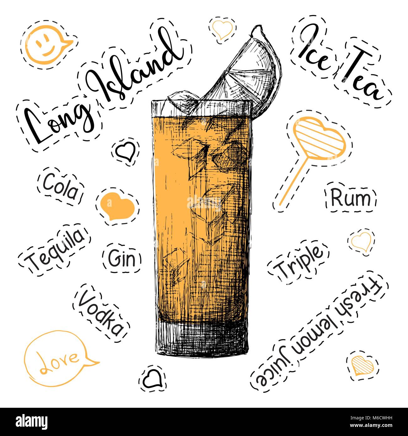 Einfaches Rezept für einen alkoholfreien Cocktail Long Island Ice Tea. Vector Illustration einer Skizze Stil. Stock Vektor