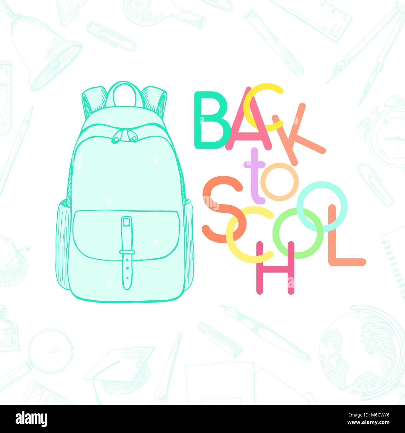 Hintergrund mit unterschiedlichen Schreibwaren. Die Inschrift zurück in die Schule. Vector Illustration einer Skizze Stil. Stock Vektor