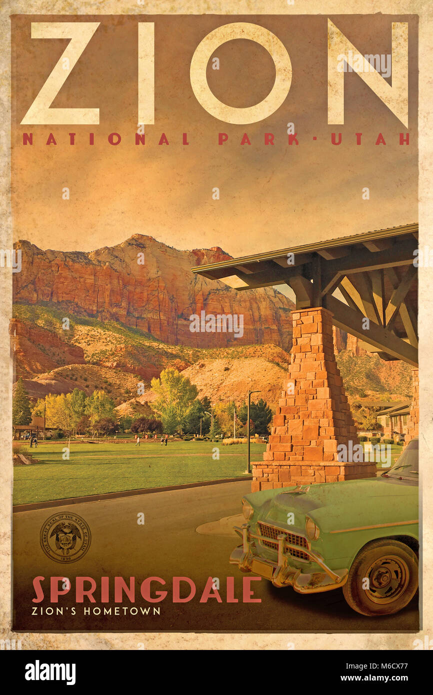 Vintage Travel Plakat oder Werbung von Zion National Park, Utah Vereinigte Staaten von Amerika (3 in der Serie) Stockfoto