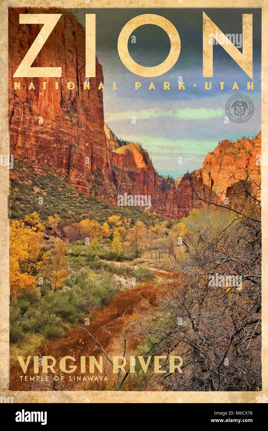 Vintage Travel Plakat oder Werbung von Zion National Park, Utah Vereinigte Staaten von Amerika (3 in der Serie) Stockfoto