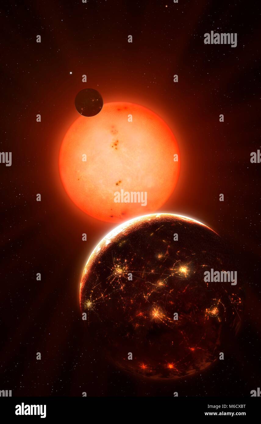 Artwork von Alien technologische Planeten. Der Planet ist im Orbit um einen Roten Zwerg, der häufigste Typ. Der Rote Zwerg ist relativ ruhig, so dass die Umwelt in der bewohnbaren Zone zu Leben förderlich sind. Der Planet wird gezeigt mit seiner Nacht Seite glänzend von großen Cites und Technik beleuchtet. Stockfoto