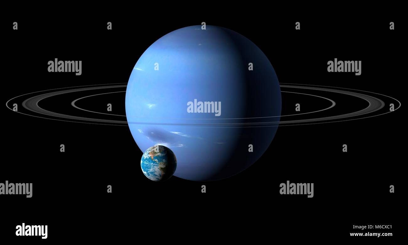 Bild vergleichen von der Größe der Erde (links) mit den Planeten Neptun. Neptun ist der äußerste Planet von der Sonne aus, mit einer durchschnittlichen Entfernung von 29,8-fache der Entfernung Erde-Sonne. Wird eine Flüssigkeit Welt der hauptsächlich Wasserstoff und Helium, reich an ices von Methan, Wasser und Ammoniak, Astronomen Label (zusammen mit Uranus) ein Eis Riesen. Mit einem Durchmesser von 3,9 mal die Erde, Neptun ist der viertgrößte Planet des Sonnensystems. Stockfoto