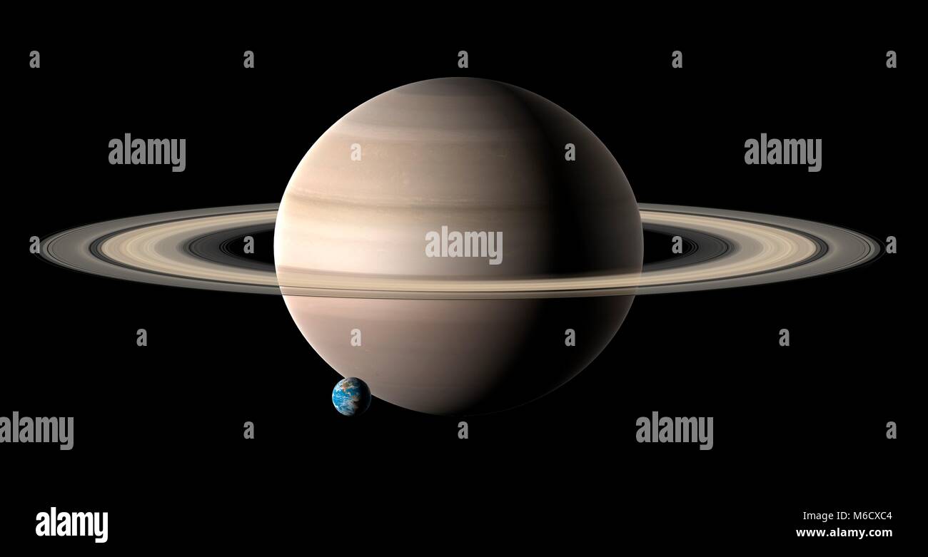 Bild vergleichen von der Größe der Erde (links) mit den Planeten Saturn. Saturn ist der sechste Planet von der Sonne aus, mit einer durchschnittlichen Entfernung von 9,4-fache der Entfernung Erde-Sonne. Wird eine Flüssigkeit Welt der hauptsächlich Wasserstoff und Helium, Astronomen Label (zusammen mit Jupiter) einen Gasriesen. Mit einem Durchmesser von 9,4 mal die Erde, Saturn ist der zweitgrößte Planet des Sonnensystems (nach Jupiter). Stockfoto