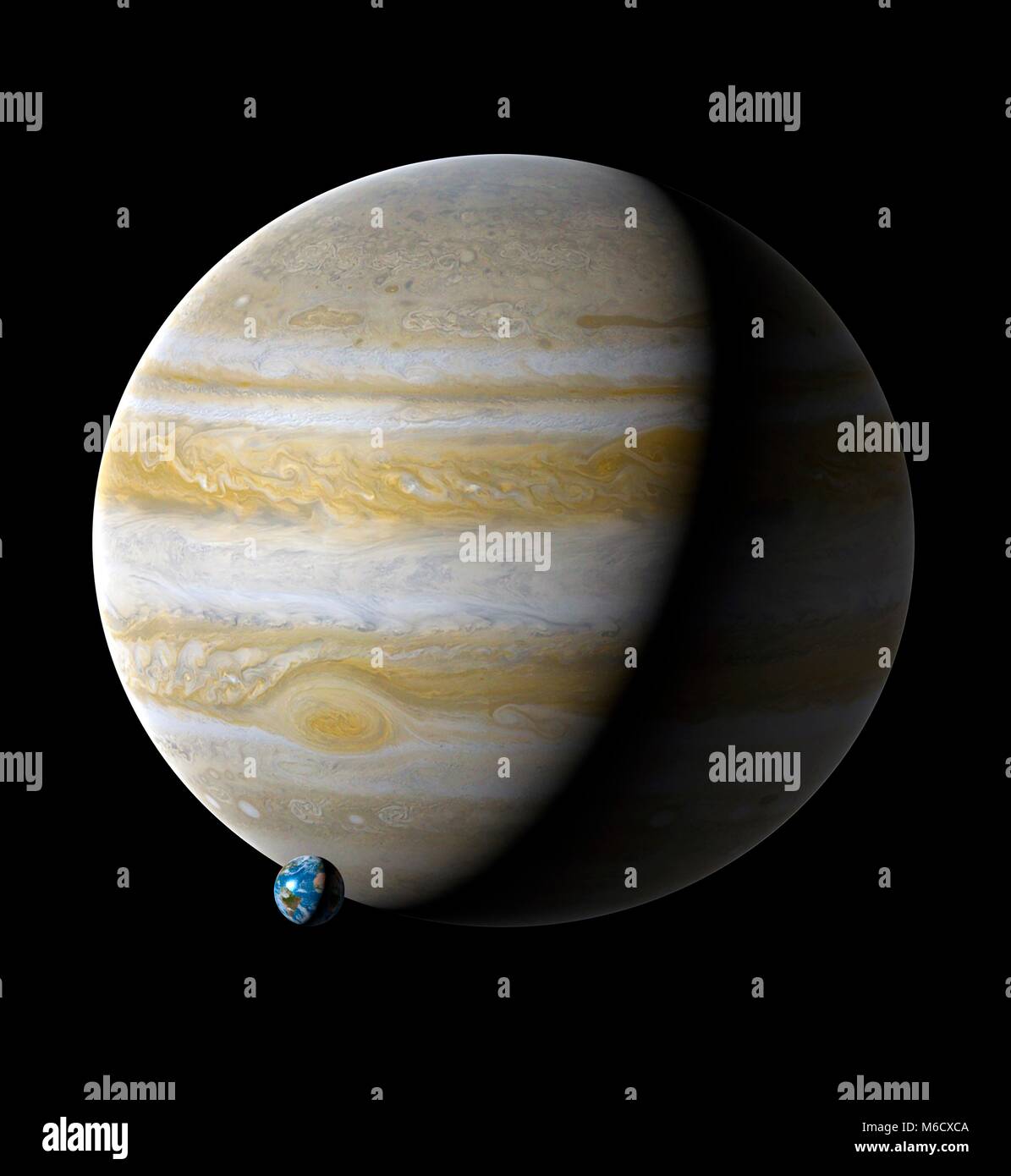 Bild vergleichen von der Größe der Erde (links) mit dem Planeten Jupiter. Jupiter ist der fünfte Planet von der Sonne aus, mit einer durchschnittlichen Entfernung von 5,2-fache der Entfernung Erde-Sonne. Wird eine Flüssigkeit Welt der hauptsächlich Wasserstoff und Helium, Astronomen label es (zusammen mit Saturn) einen Gasriesen. Mit einem Durchmesser von 11,2-fache der Erde, Jupiter ist der größte Planet des Sonnensystems. Stockfoto