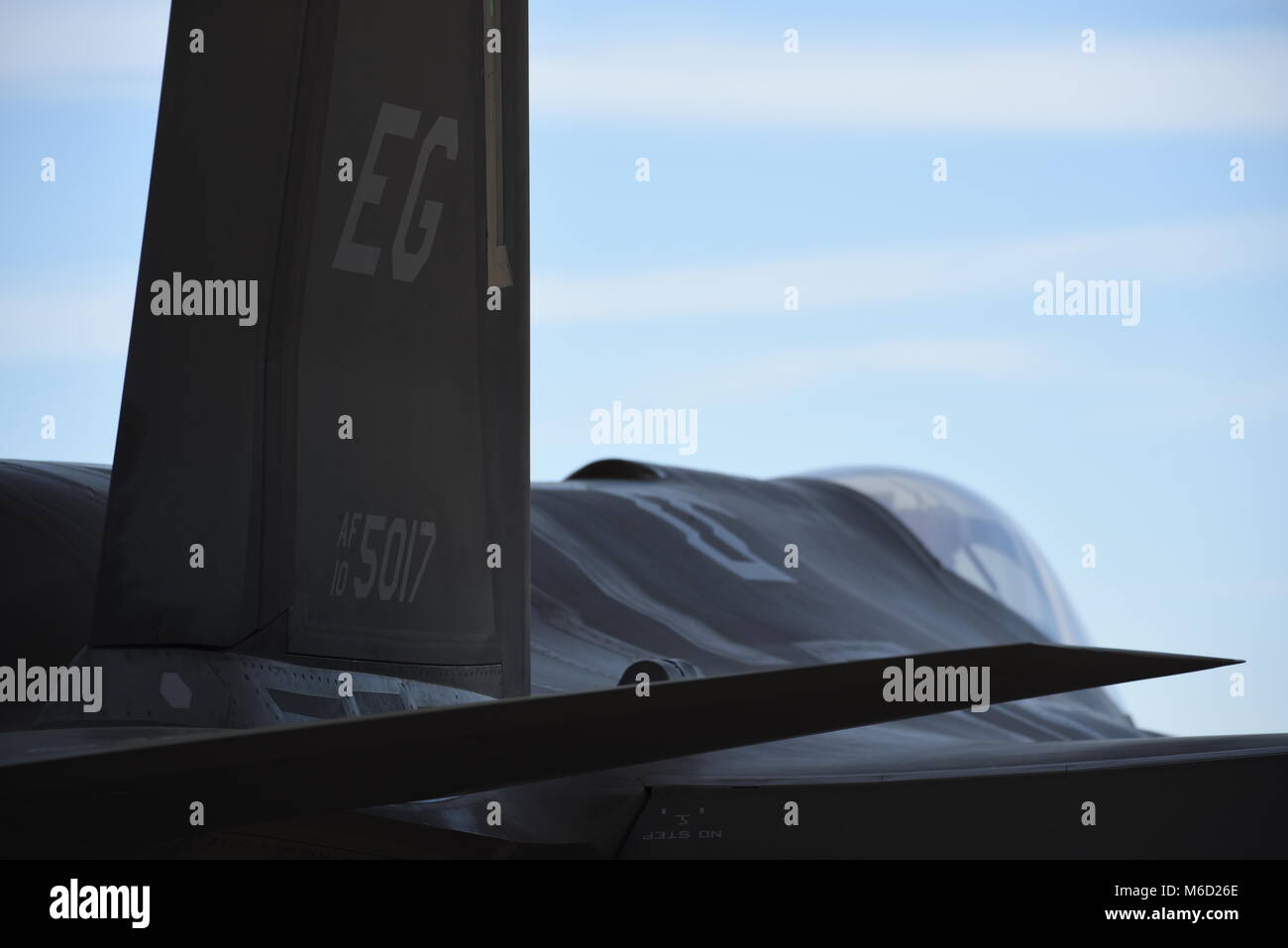 Eine F-35A Lightning II sitzt auf dem 33Rd Fighter Wing Rampe vor dem Februar 27, 2018, at Eglin Air Force Base, Fla. Flugzeuge 5017 ist die erste F-35 1.000 Flugstunden außerhalb der Gemeinschaft zu erreichen. (U.S. Air Force Foto: Staff Sgt. Peter Thompson/Freigegeben) Stockfoto