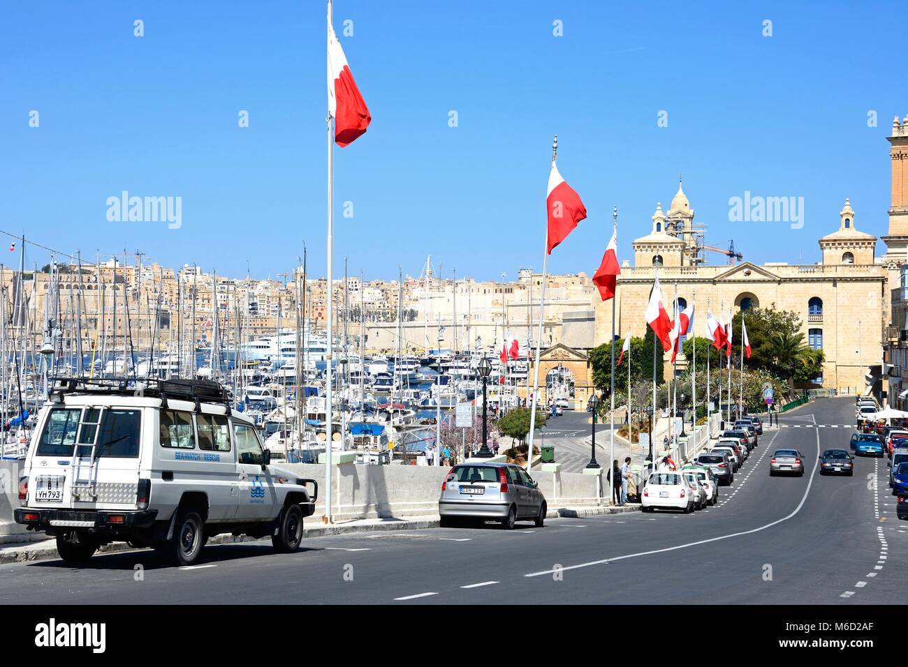 Blick auf das Kriegsmuseum und Marina Wasser führenden, Vittoriosa (Sibenik), Malta, Europa. Stockfoto